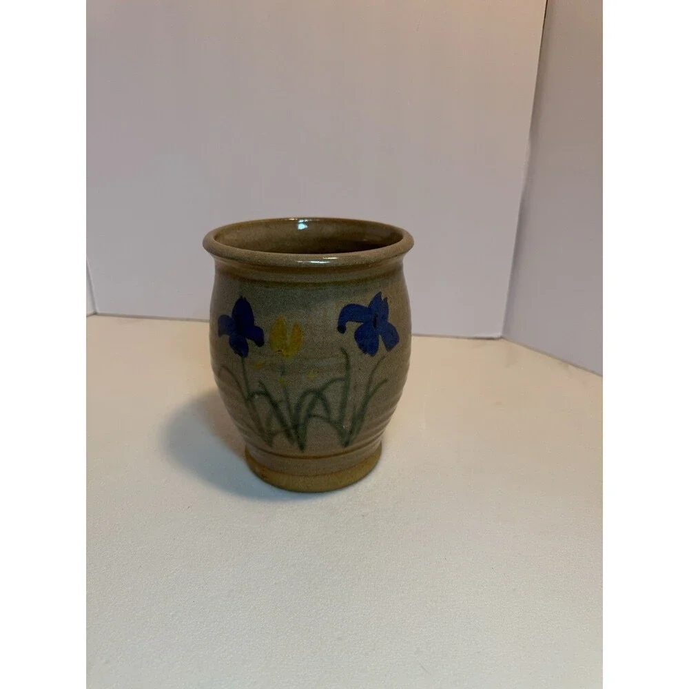 Studio art pottery pot. Vintage rustic brown with blue flowers